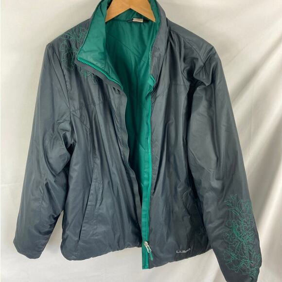 LL Bean Women's Green grey Floral Embroidered Reversible Puffer Jacket size XL - Picture 1 of 7